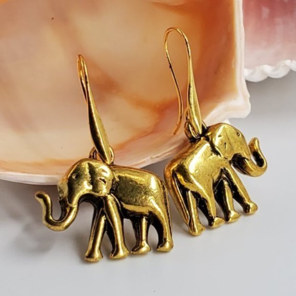 Anthropologie Jewelry Gold Earrings Elephant Head Animal Tropical Boho - Picture 1 of 4